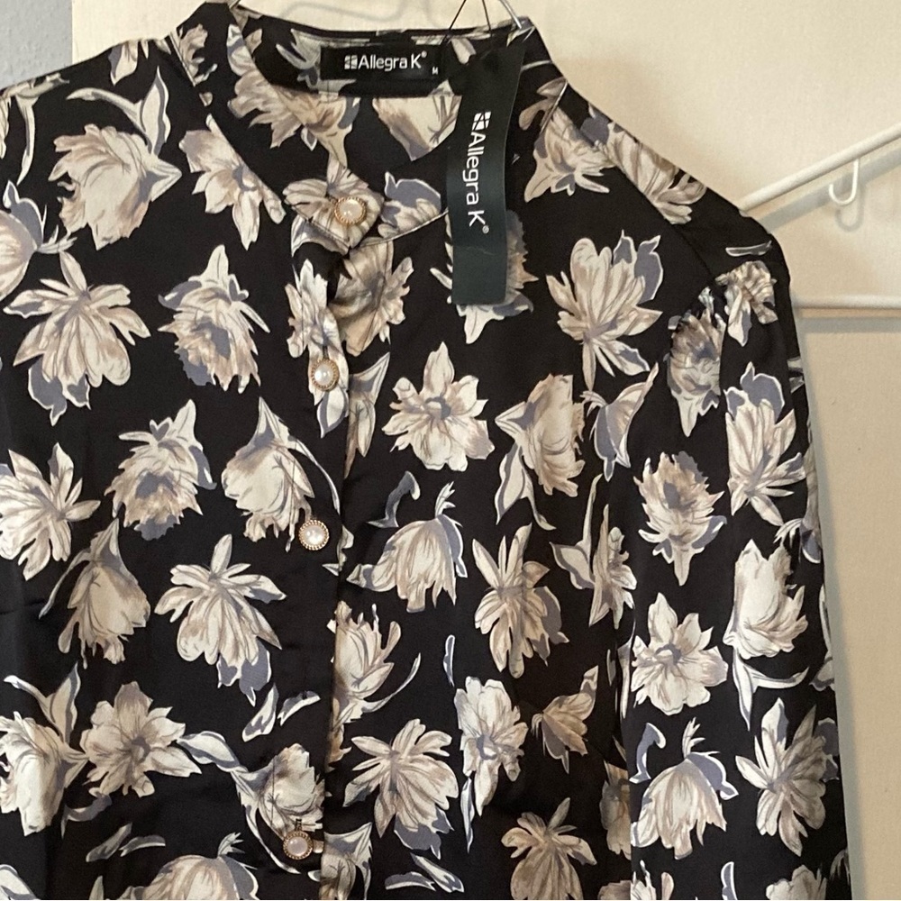 Allegra K Floral Chiffon Blouse with stand up Collar Long Sleeve Button Down